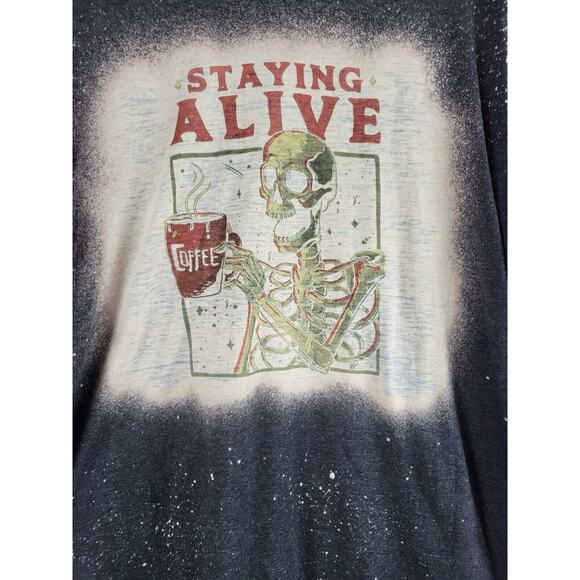 Gildan Soft Style Skeleton T Shirt L Womens Staying Alive Dark Grey Bleach Look - Picture 4 of 6